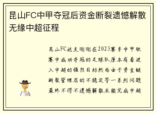 昆山FC中甲夺冠后资金断裂遗憾解散无缘中超征程